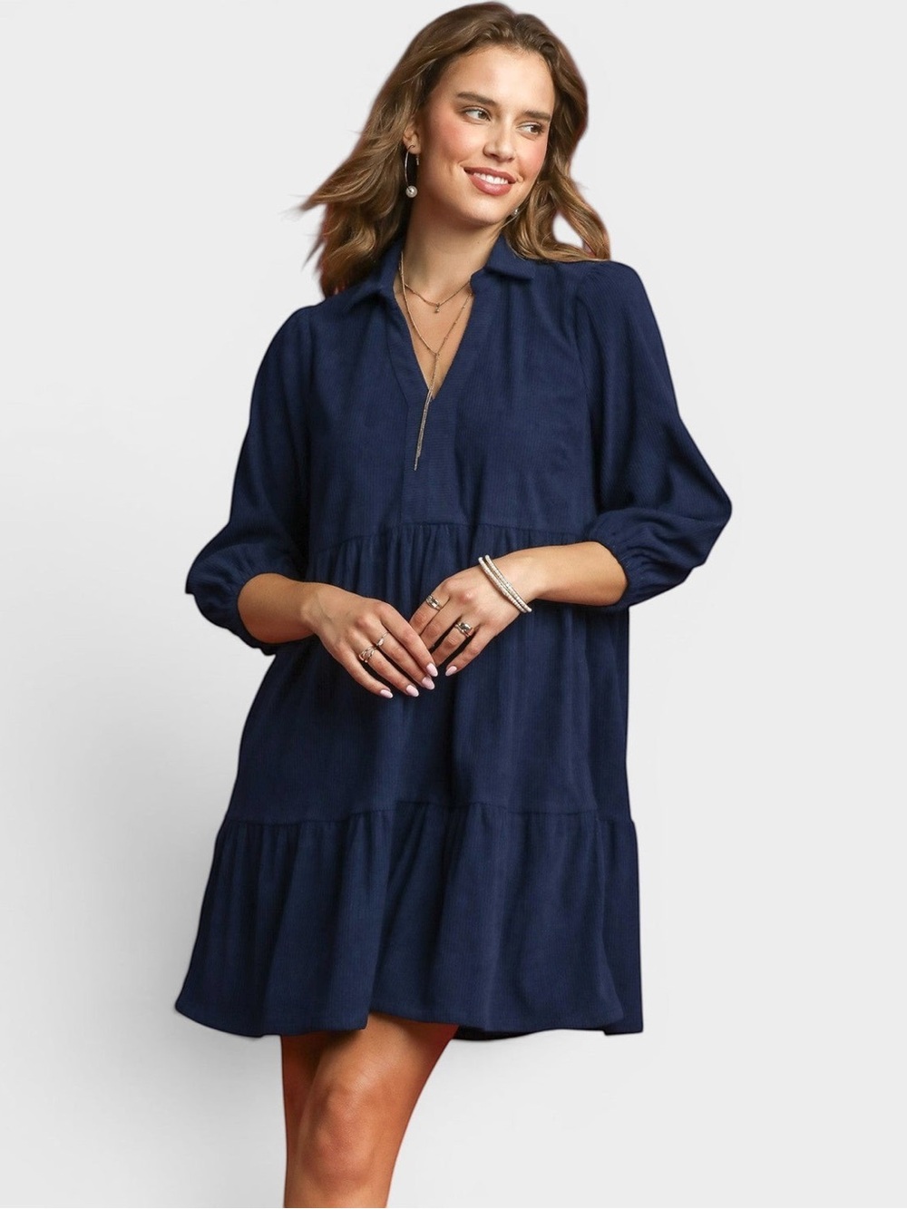 Umgee Navy Corduroy Tiered Mini Dress Size Small